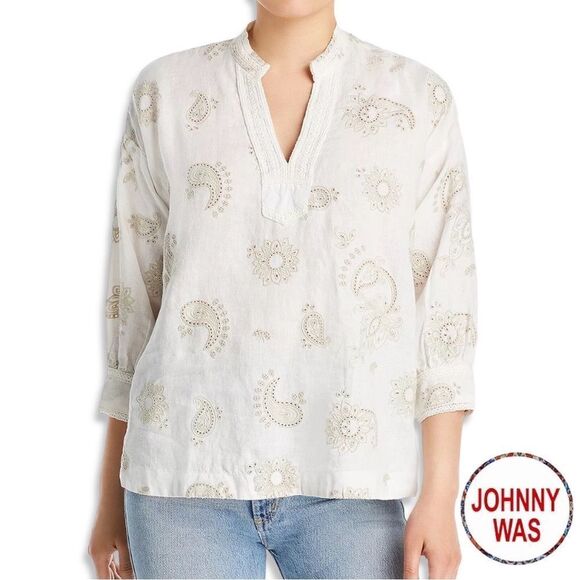 Johnny Was **NWT** Skyler Linen Top In Antique White With Mock Collar - Picture 4 of 11